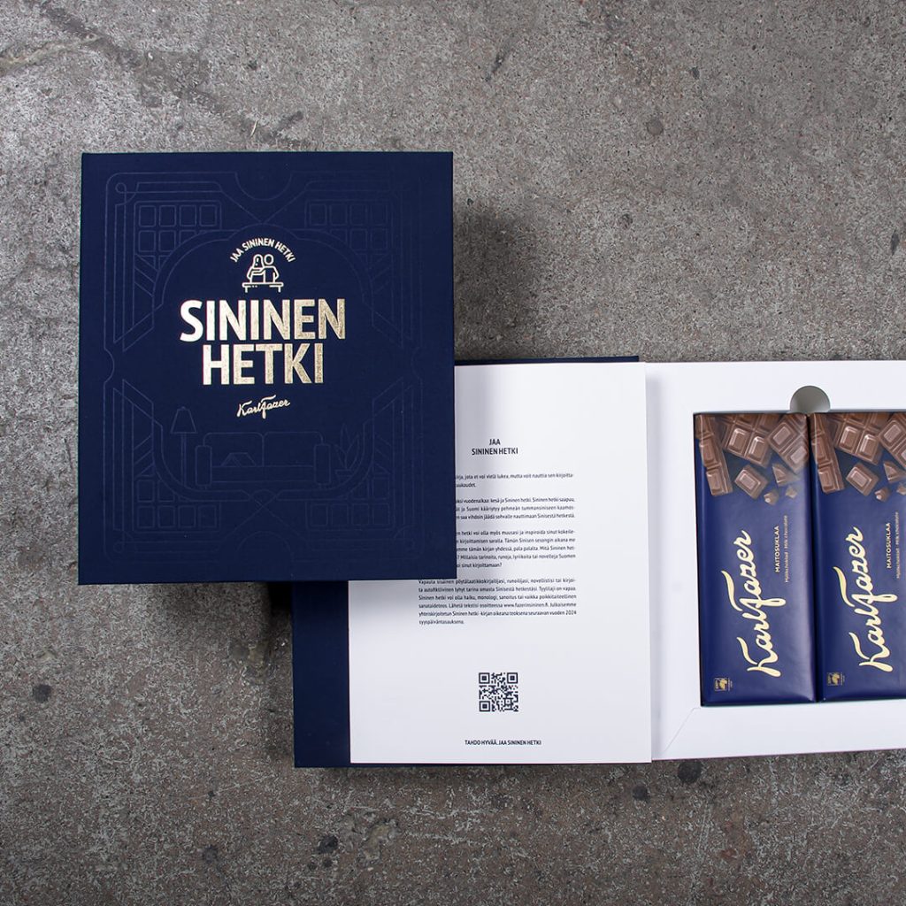 Foliopainettu kirjanmallinen pakkaus Fazer