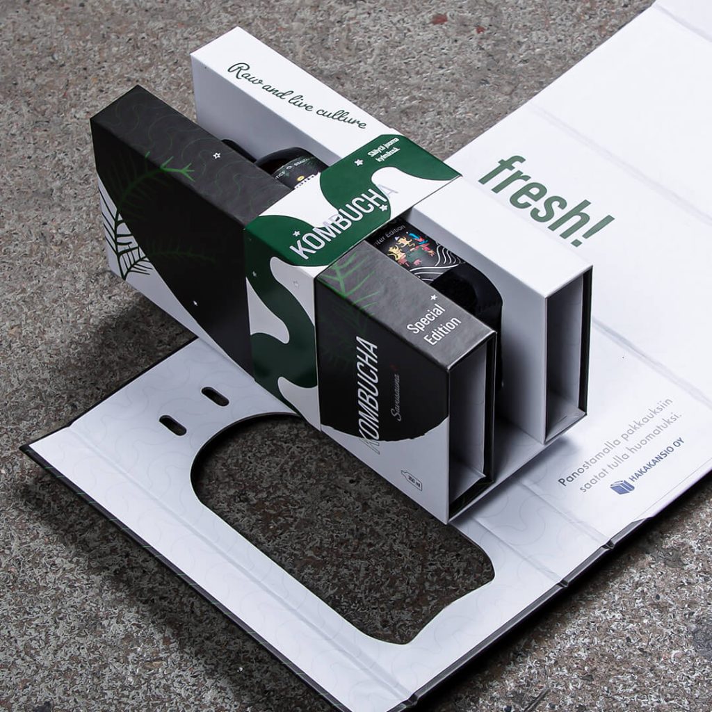 Kotimaassa Hakakansion tehtaassa valmistettu pullopakkaus